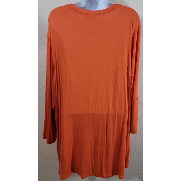 Cupio Woman Orange Round Neck Top 2X Flowy Lightweight Stretchy Roll Tab Sleeves - Picture 3 of 5